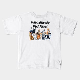 Pawsitively Purrfect -  funny watercolour cat design, black cat, ginger cat, tabby, bengal, gray cat, lots of cats Kids T-Shirt